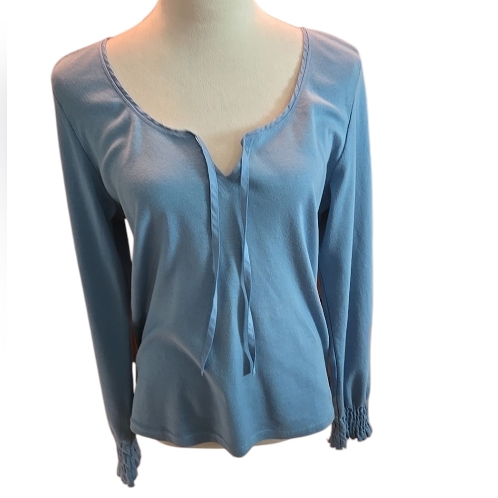 Express Jeans Blue Top Women’s XL Smocked Cuff Boho Cotton USA Made Y2K